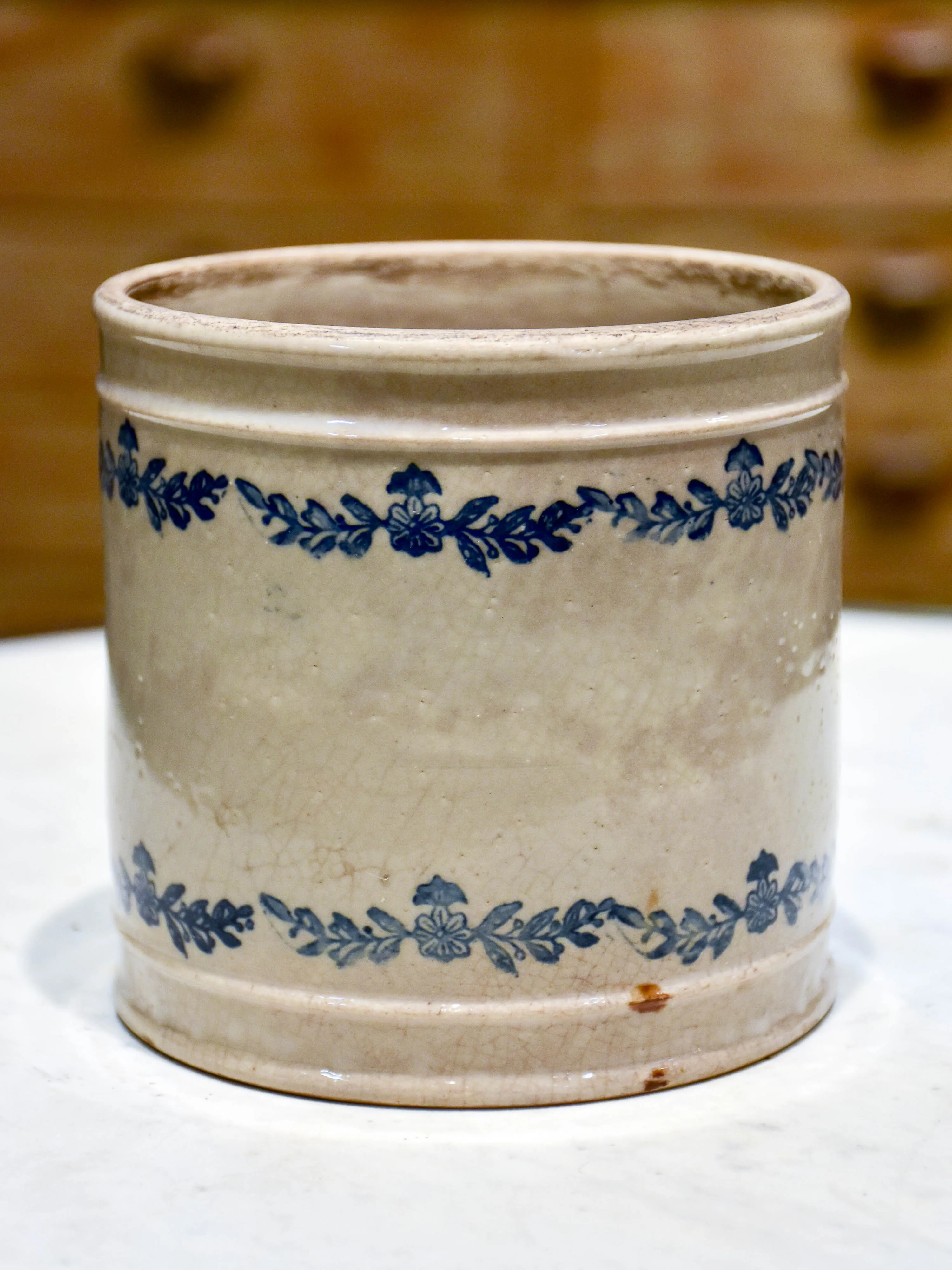 Antique French flour pot with blue flowers