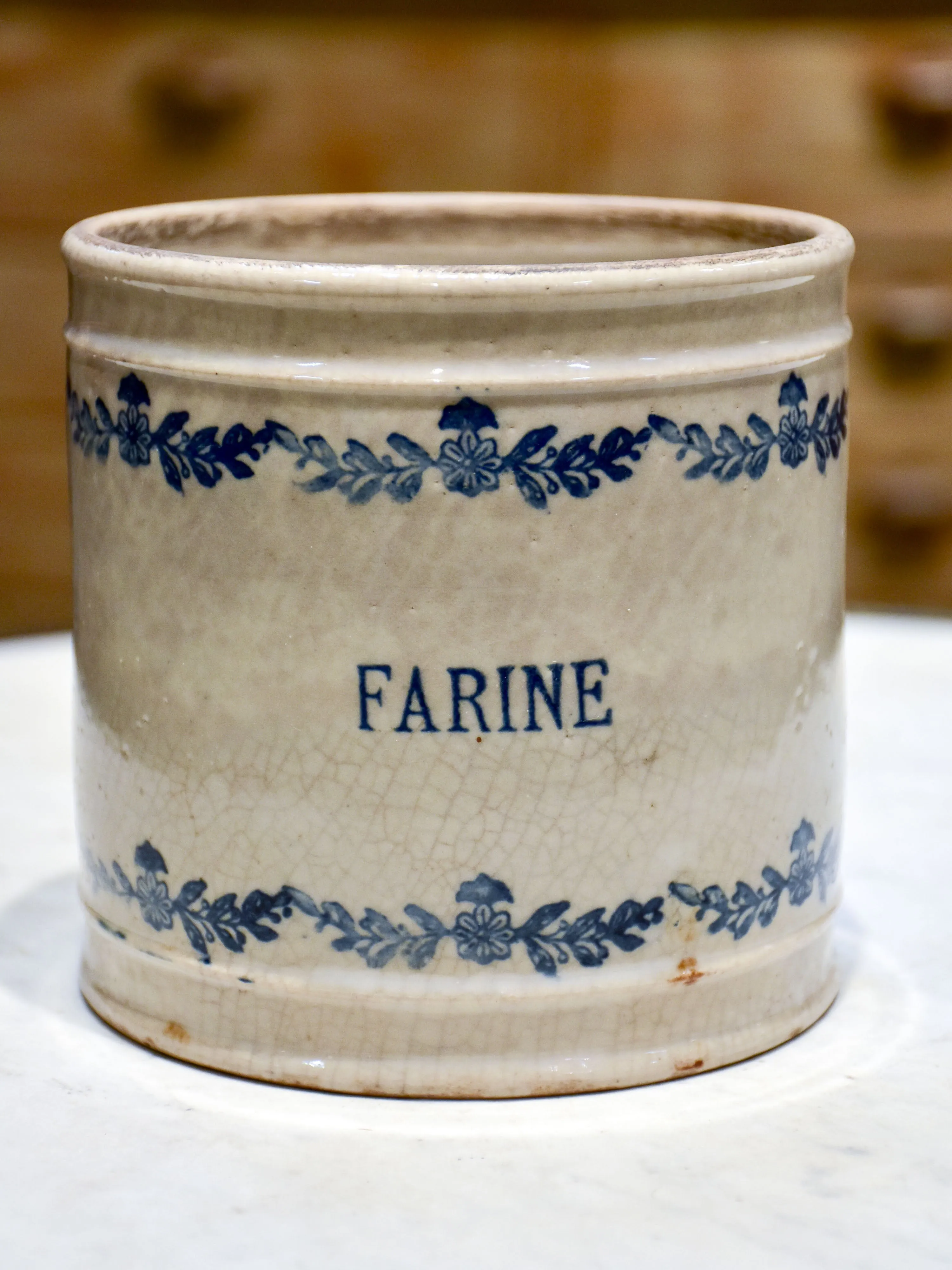 Antique French flour pot with blue flowers