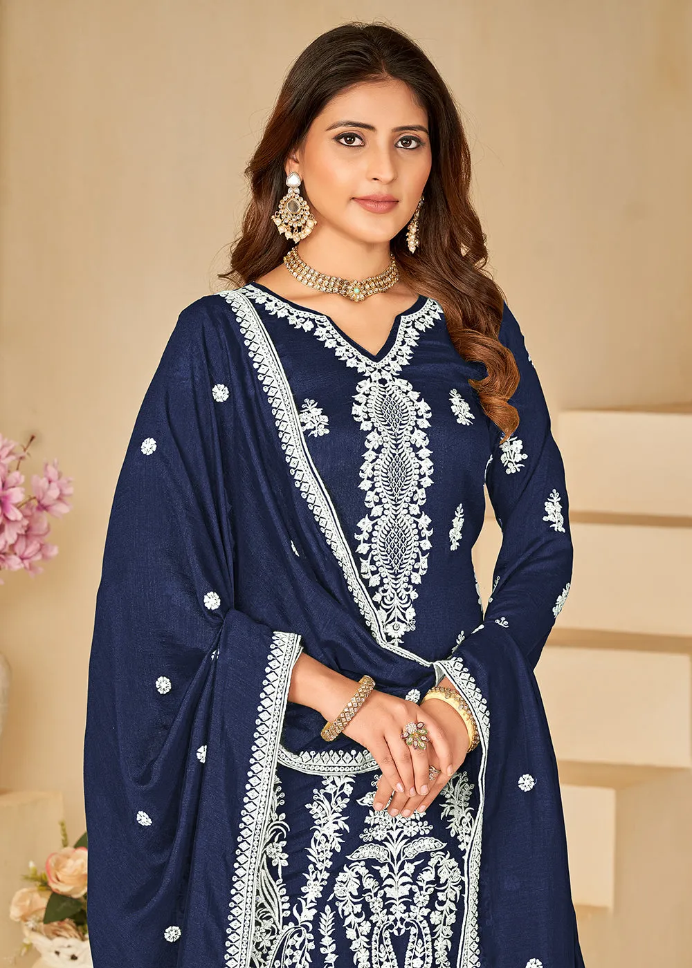 Art Silk Pretty Blue Embroidered Palazzo Style Suit