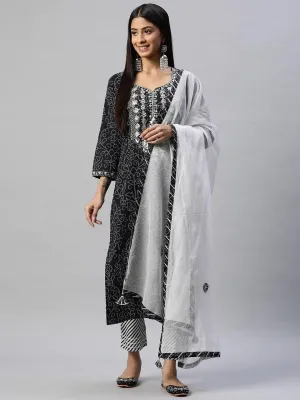 Black And White Cotton Kurta Pant Set With Dupatta