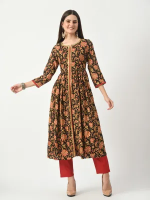 Black Floral Printed Flared Kurta With Pant