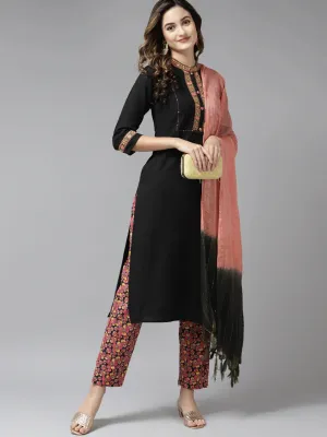 Black Kantha Work Dupatta Set