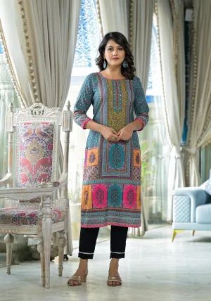 Blue Floral Printed Liva Rayon Kurta With Beads & Sequins Work