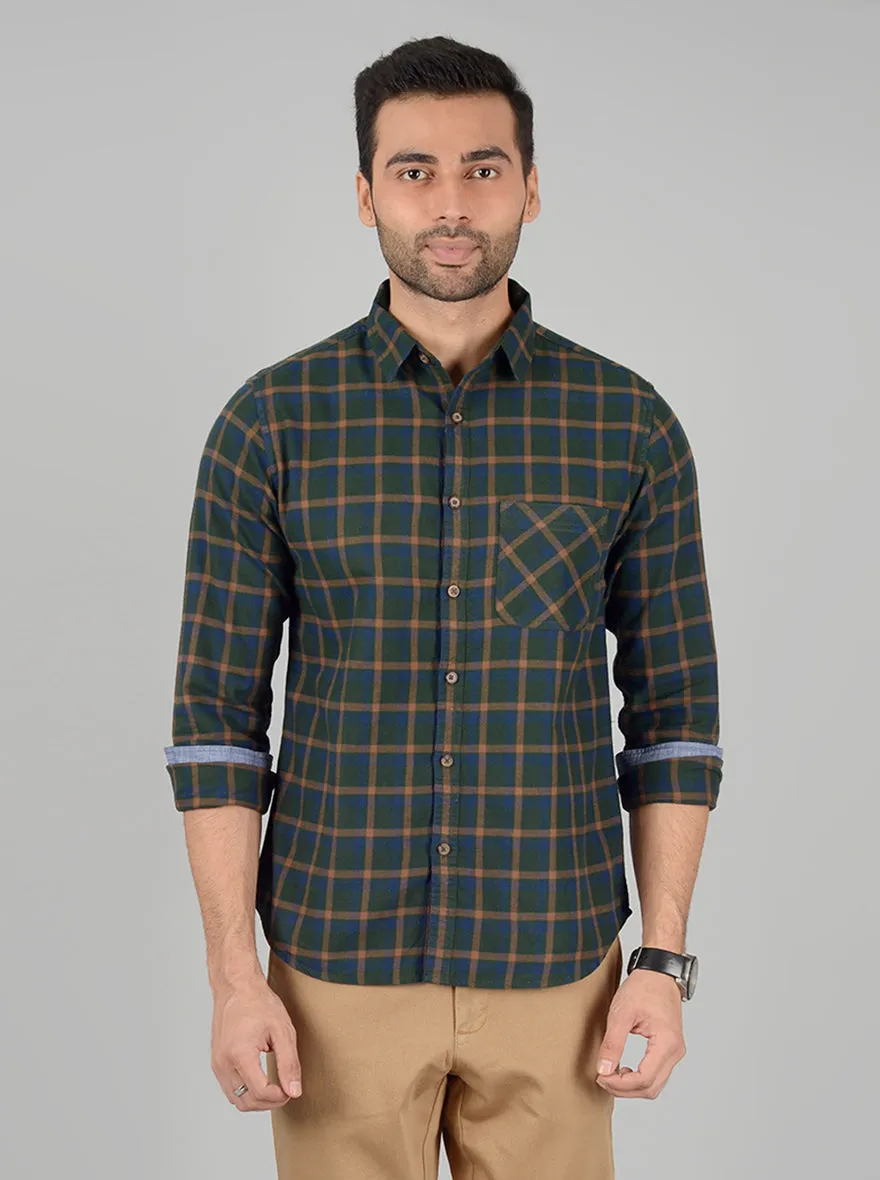 Bottle Green Checked Slim Fit Casual Shirt | Greenfibre