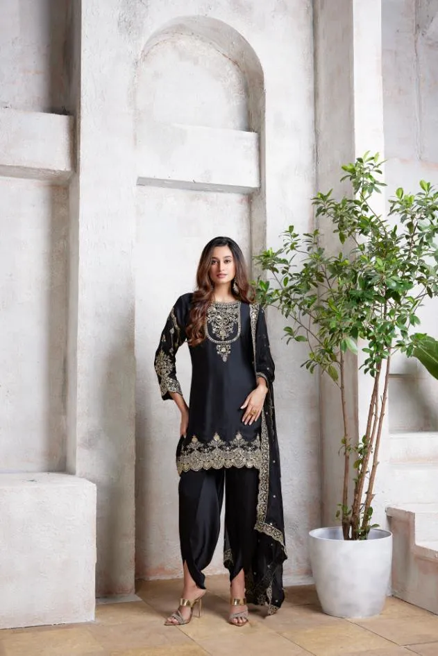 Classic Black Embellished Satin Silk Dhoti Set