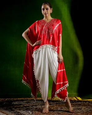 Classic Red Leheriya Printed Raw Silk Kaftan Set.