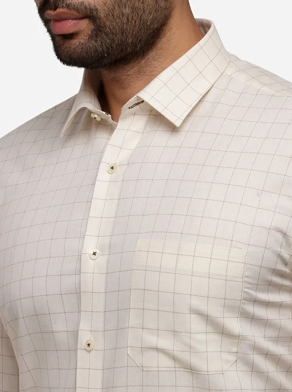 Cream Checked Regular Fit Formal Shirt | Greenfibre