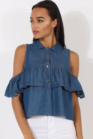 Dark Blue Denim Cold Shoulder Top - Elizabeth