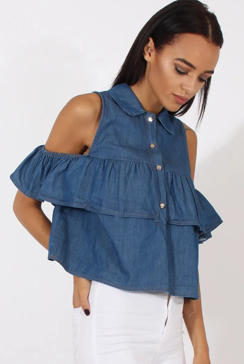 Dark Blue Denim Cold Shoulder Top - Elizabeth