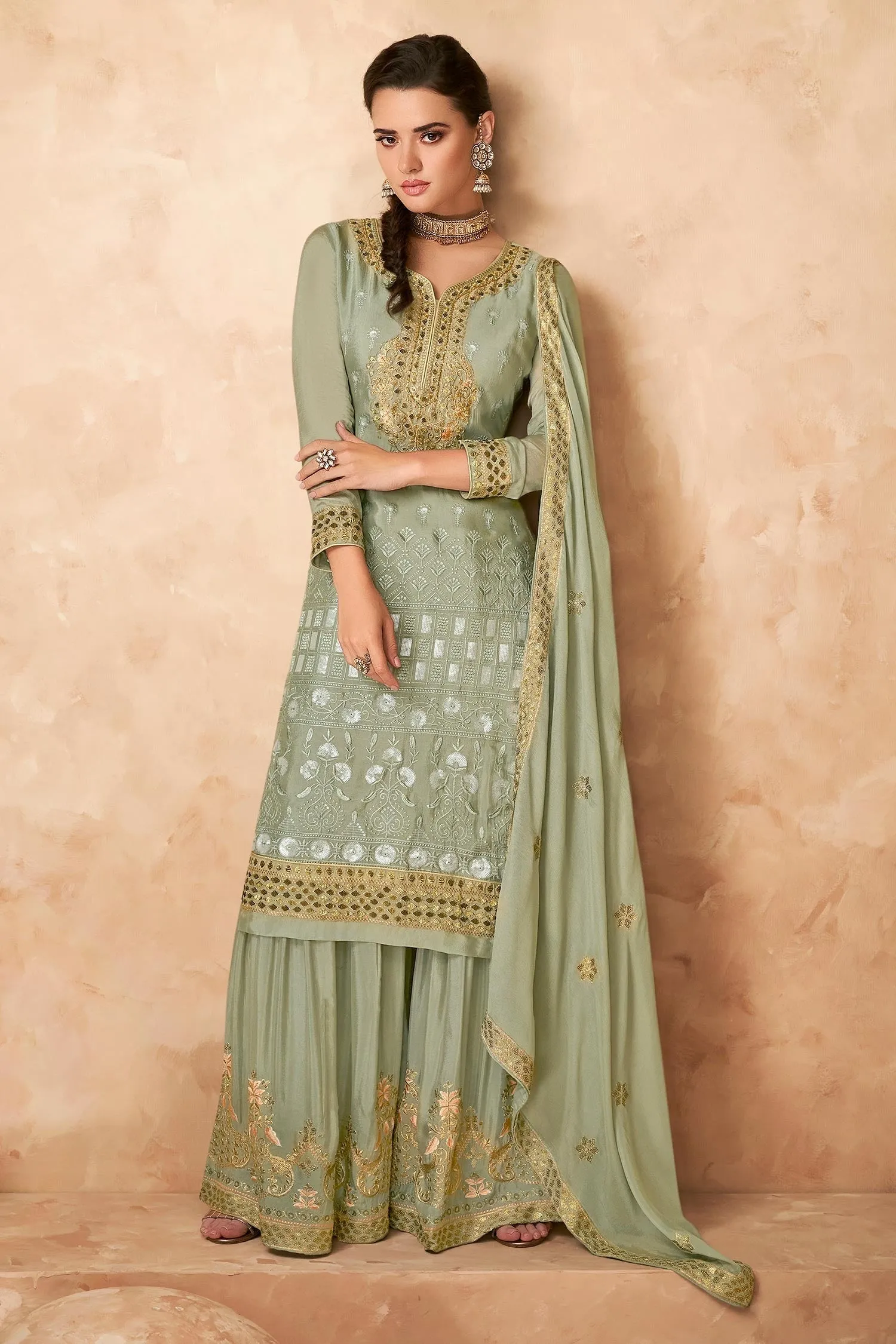 Designer Pistachio Green Georgette Embroidered Sharara Outfit