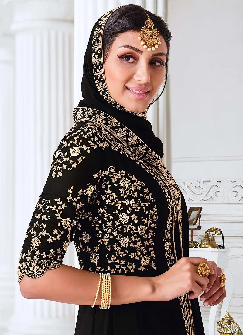 Front Slit Black Zari Embroidered Anarkali Suit