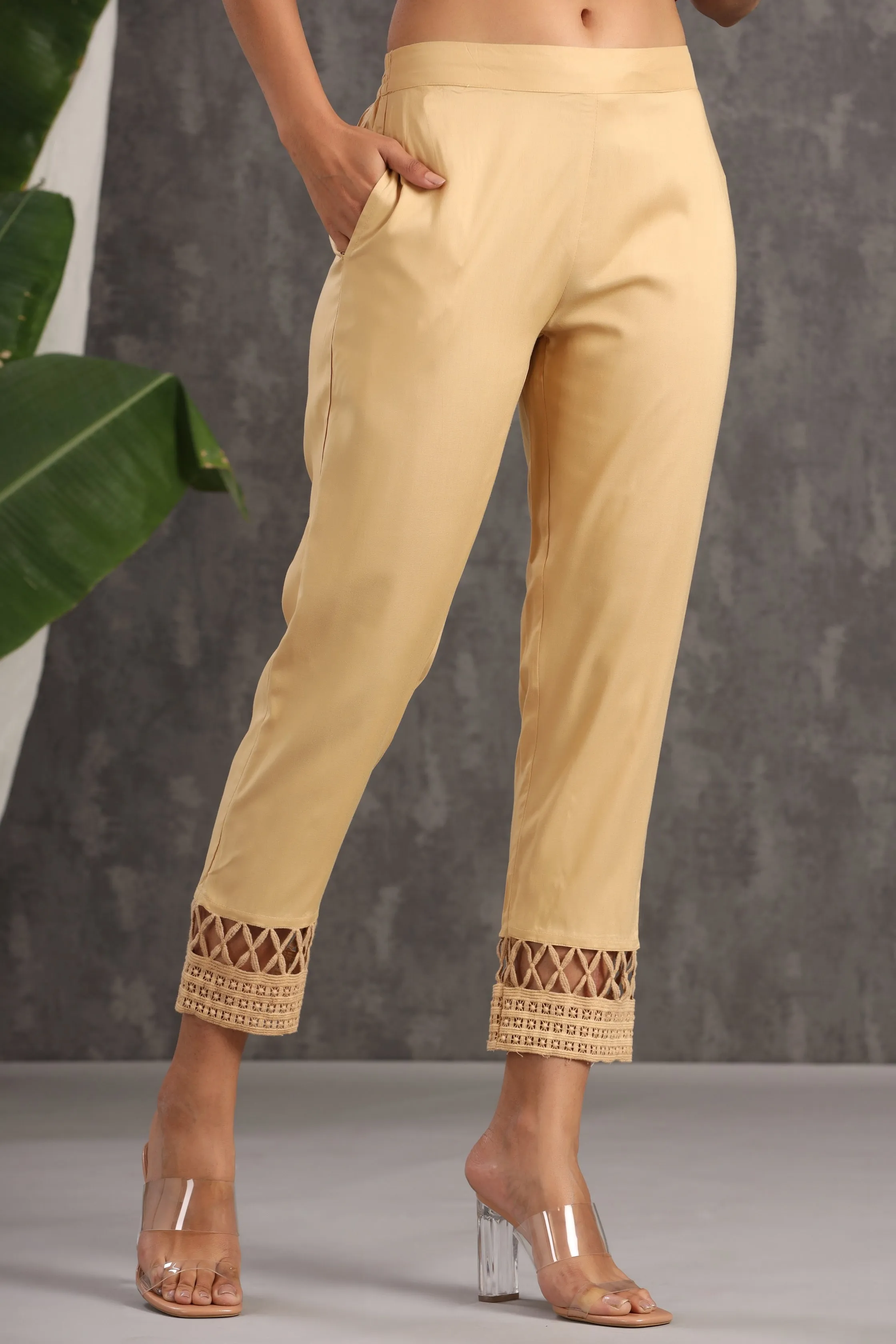 Gold Rayon Solid Slim Fit Pants