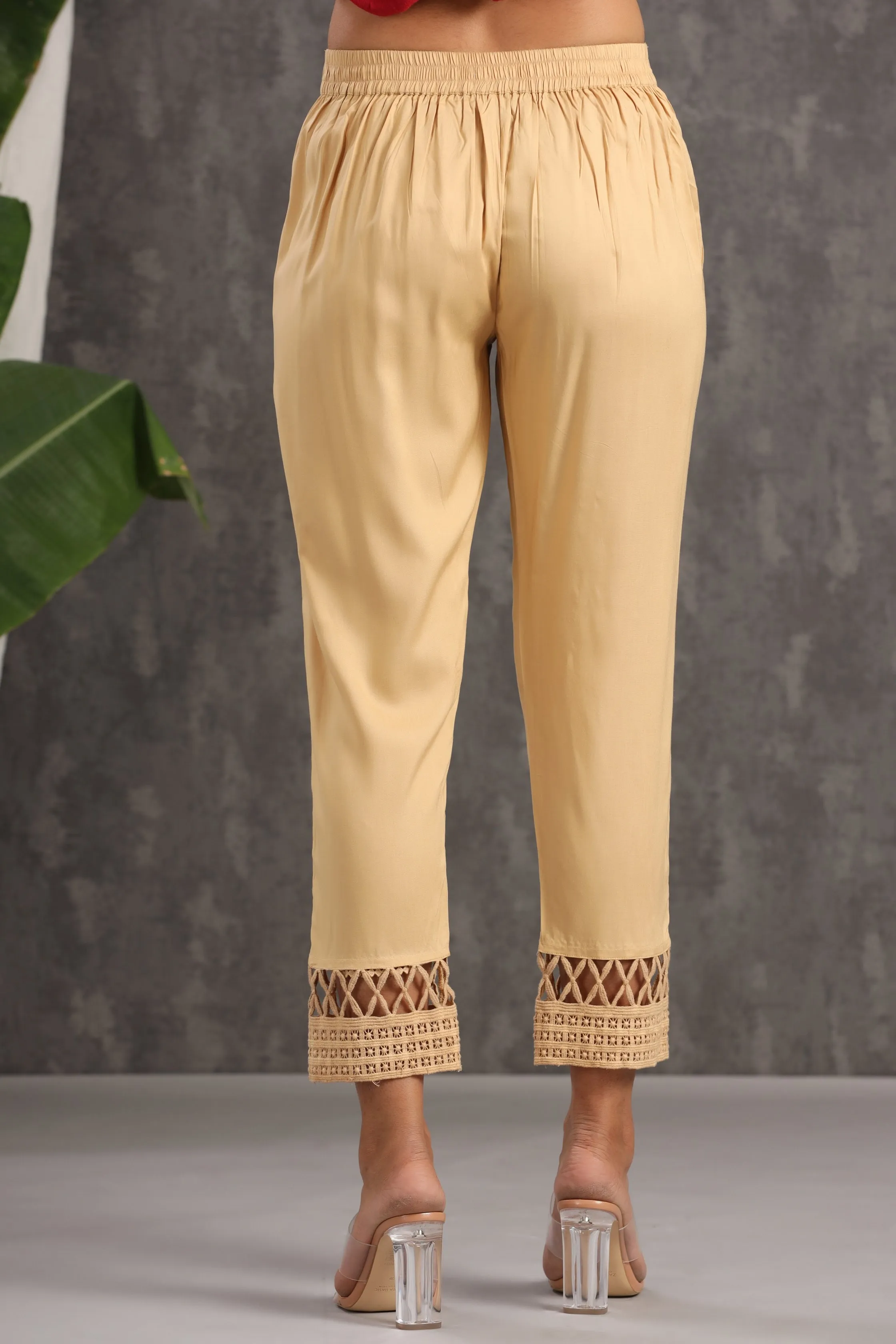 Gold Rayon Solid Slim Fit Pants