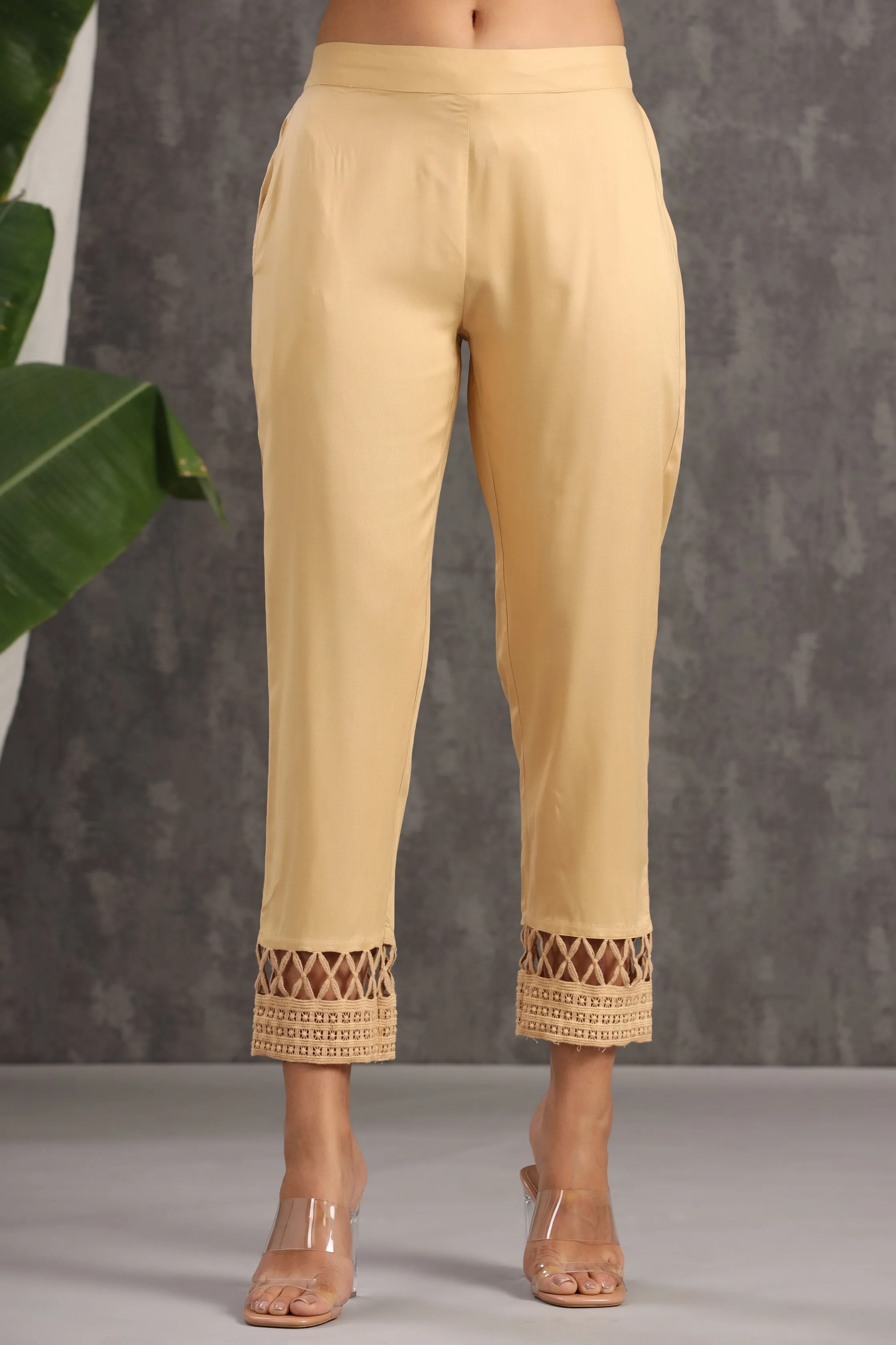 Gold Rayon Solid Slim Fit Pants