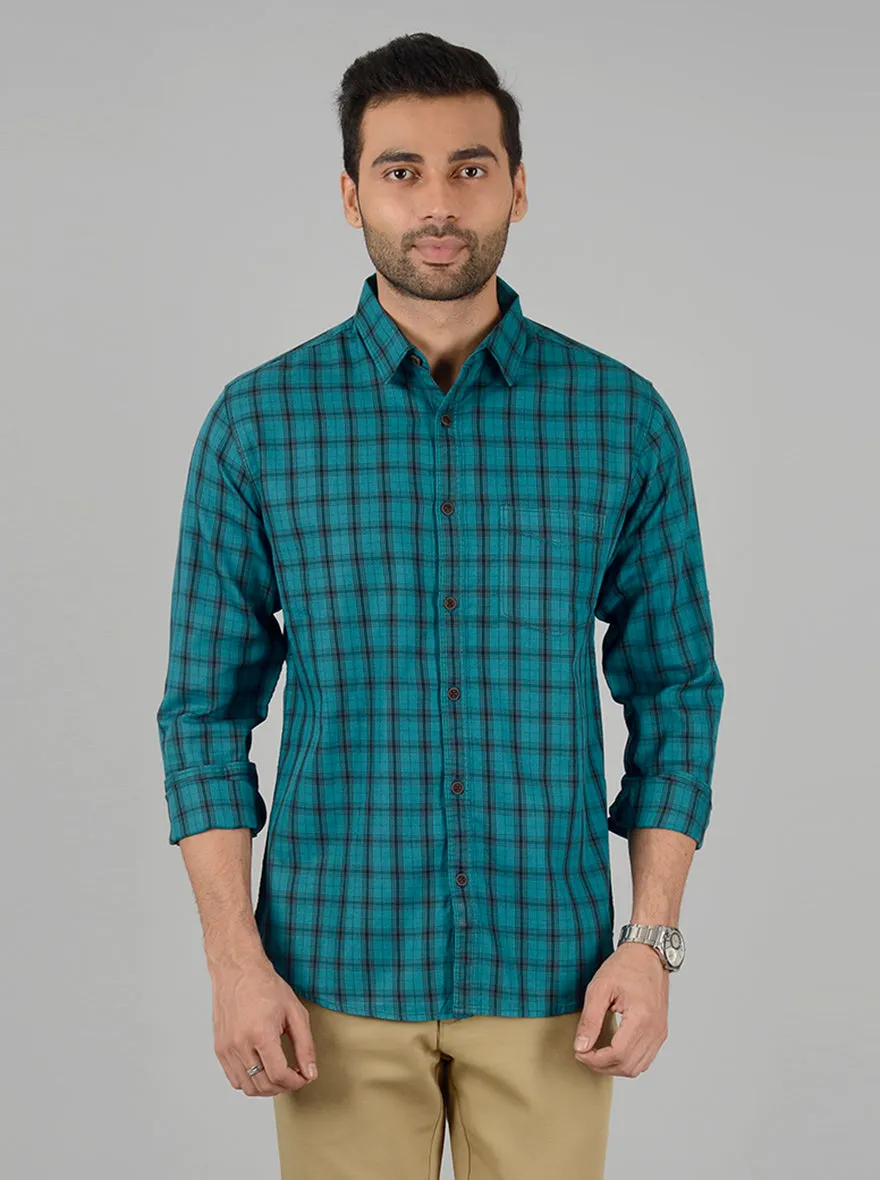 Grass Green Checked Slim Fit Casual Shirt | Greenfibre