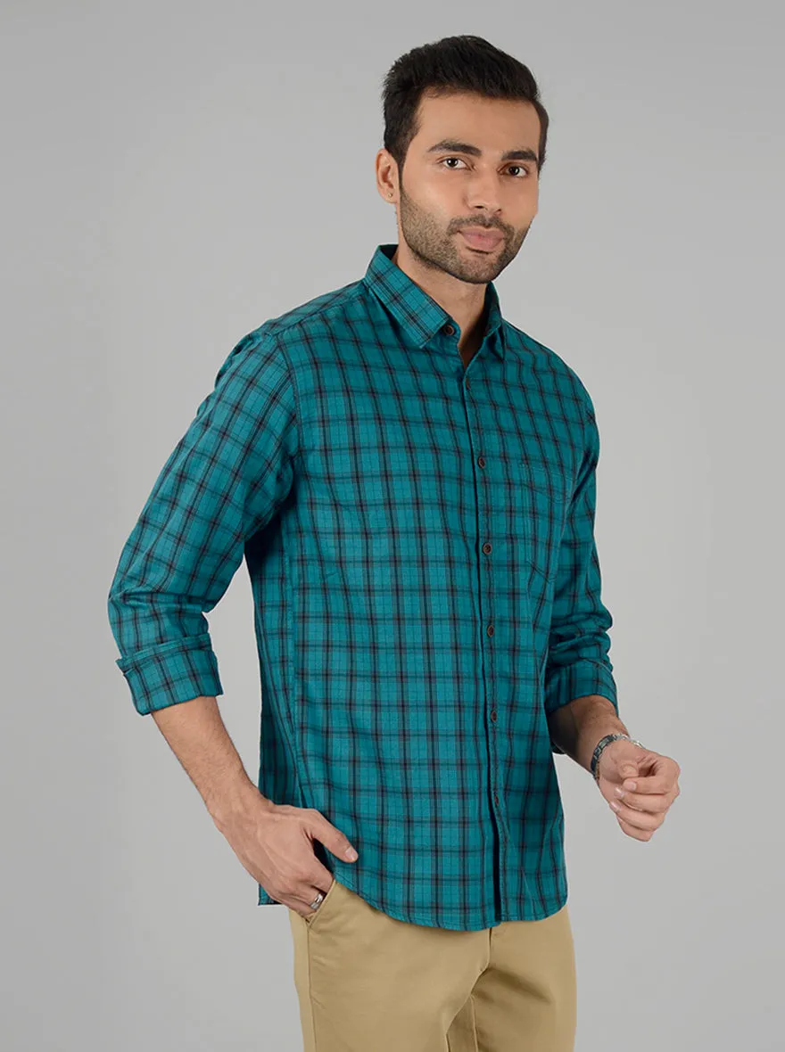 Grass Green Checked Slim Fit Casual Shirt | Greenfibre