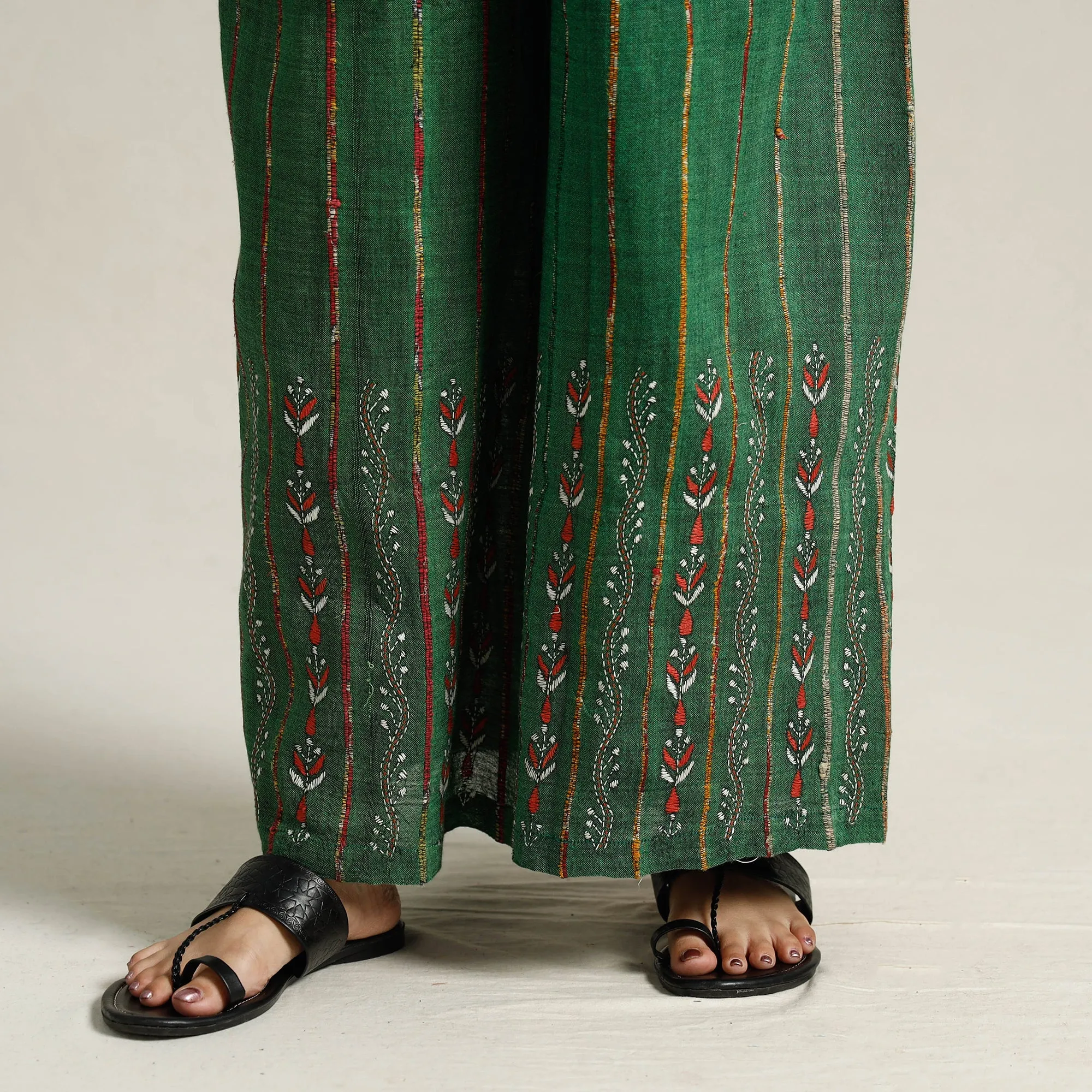 Green - Bengal Khesh Weaving Kantha Embroidery Cotton Palazzo 94