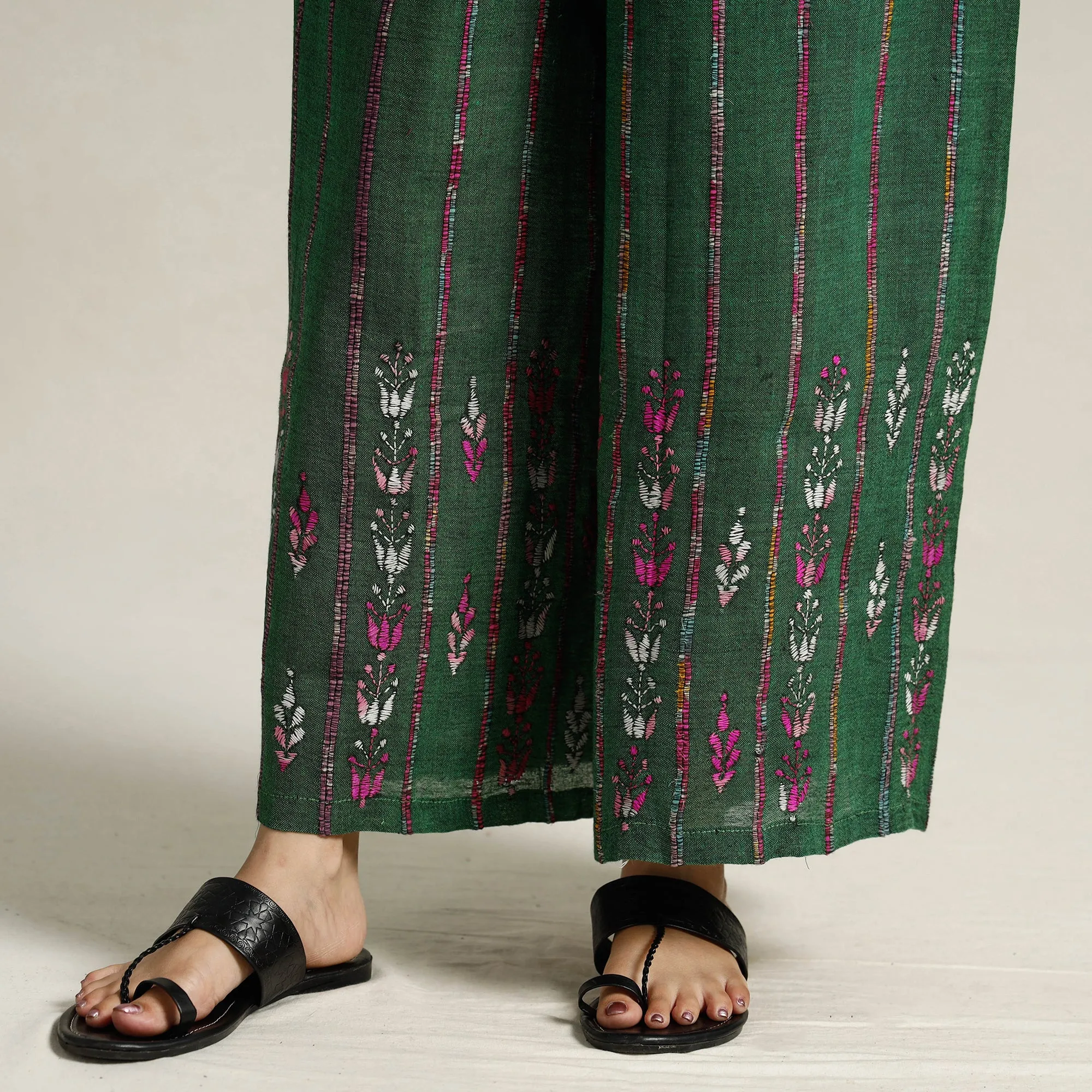 Green - Bengal Khesh Weaving Kantha Embroidery Cotton Palazzo 98