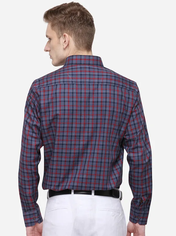 Grey & Red Checked Slim Fit Formal Shirt | JadeBlue