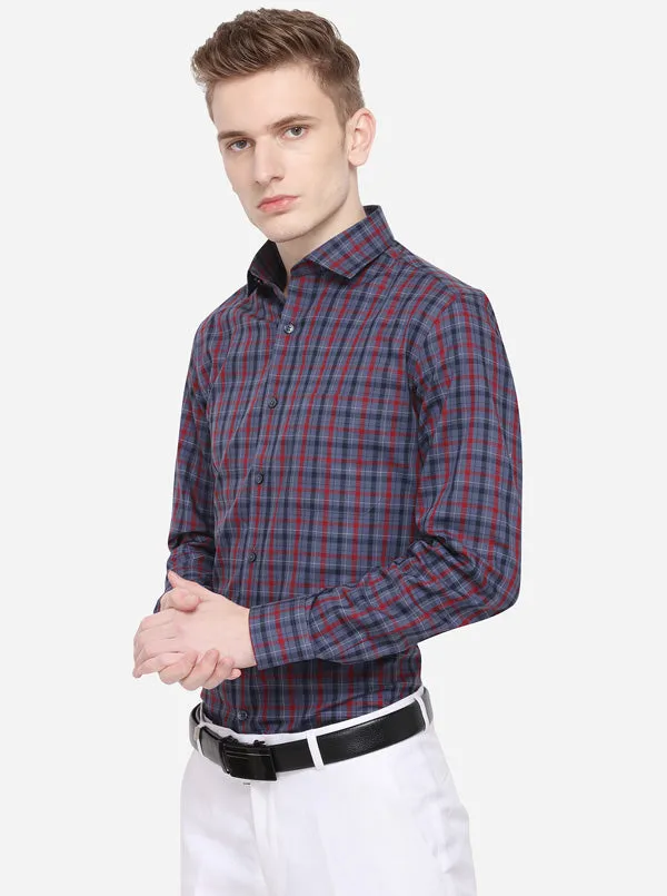 Grey & Red Checked Slim Fit Formal Shirt | JadeBlue