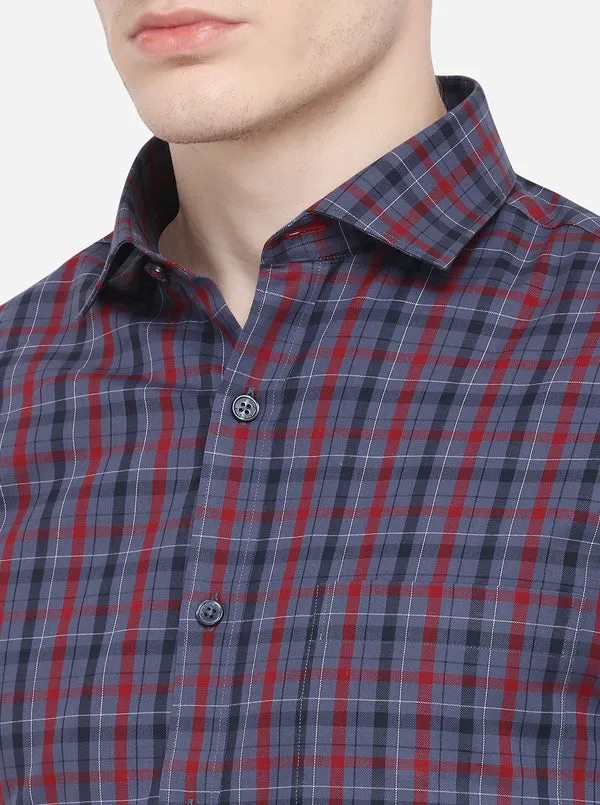 Grey & Red Checked Slim Fit Formal Shirt | JadeBlue