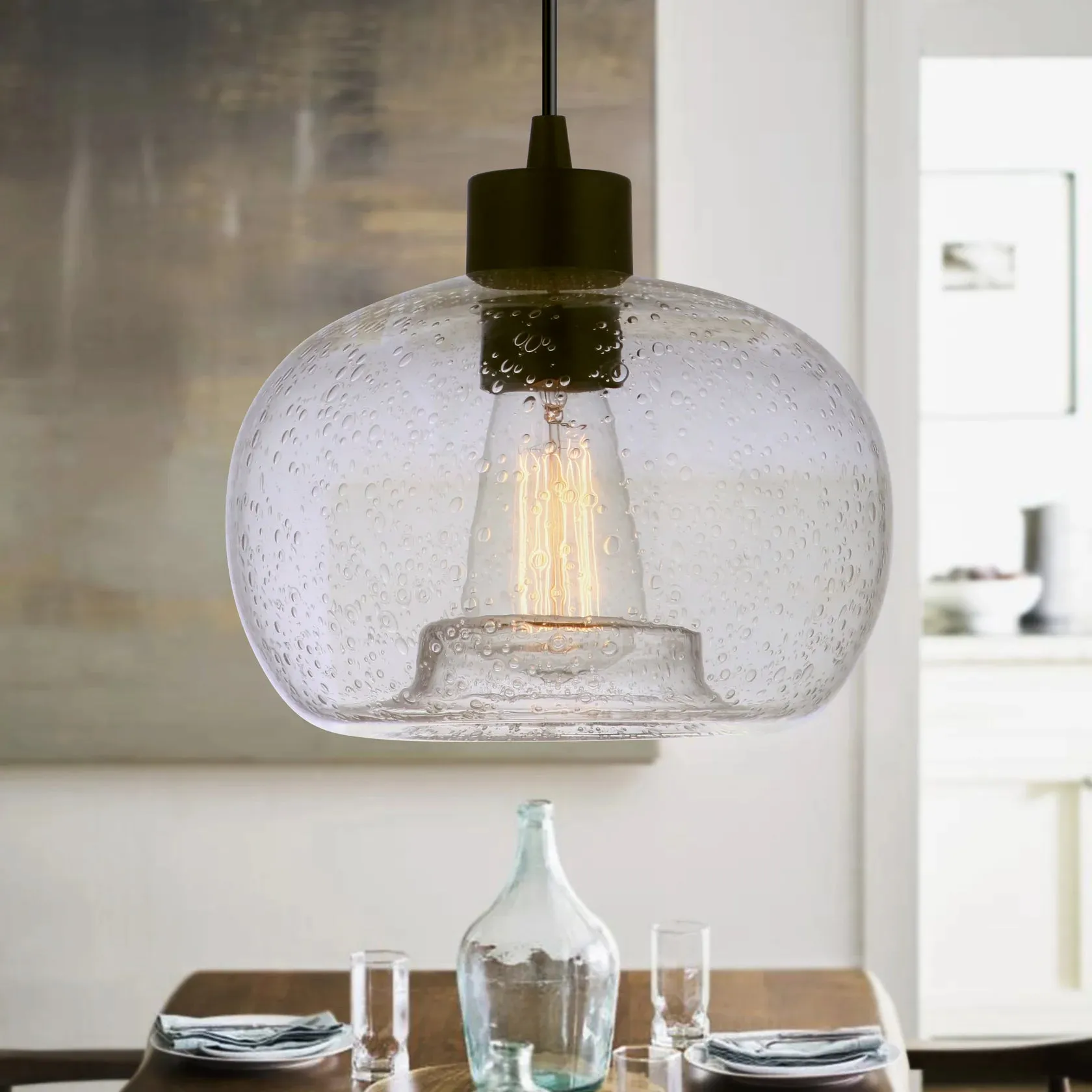 Hand-Blown Seeded Clear Glass Matte Black Instant Pendant Recessed Can Conversion Kit