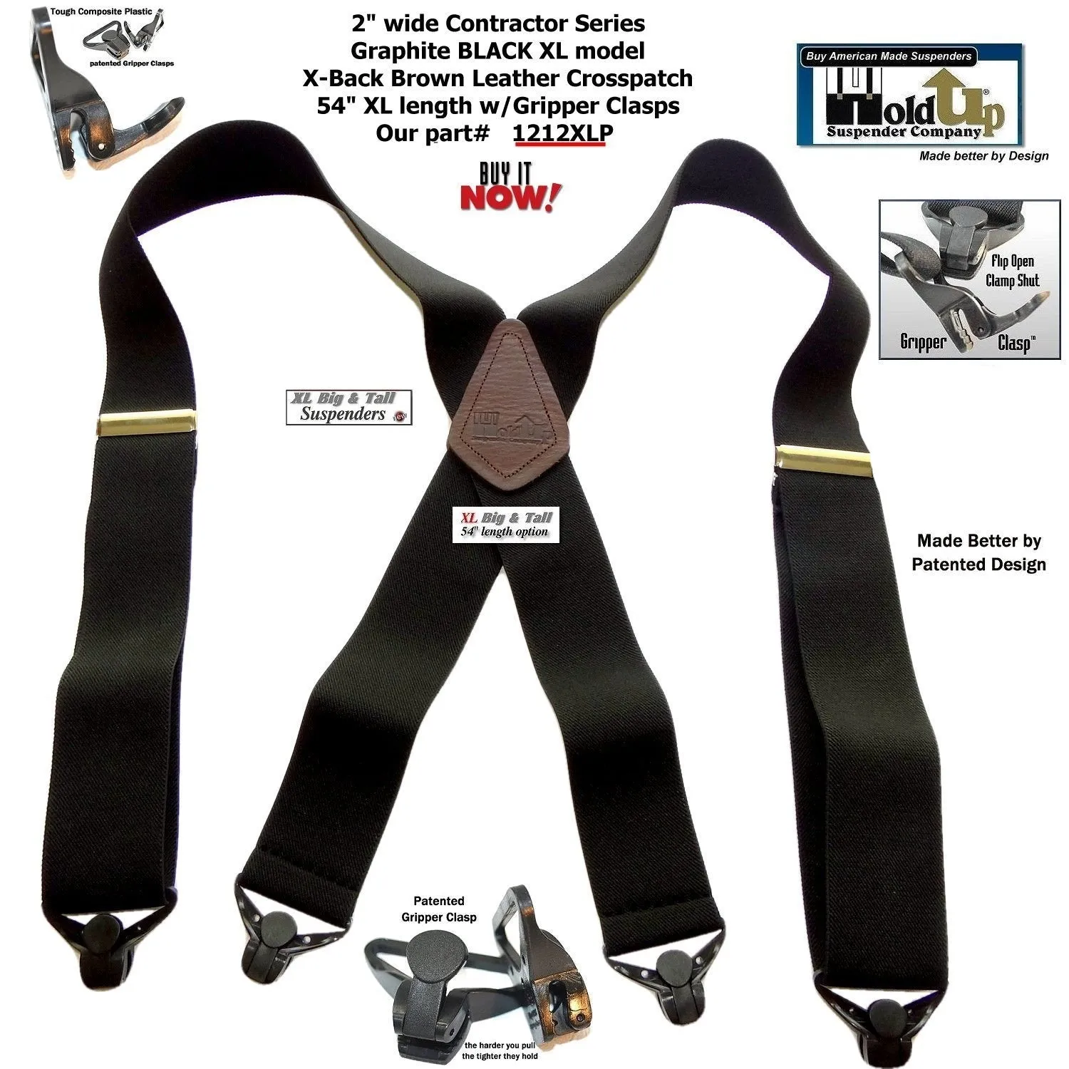 HoldUp Big and Tall XL Graphite Black 2" Contractor Series Suspenders with Gripper Clasps