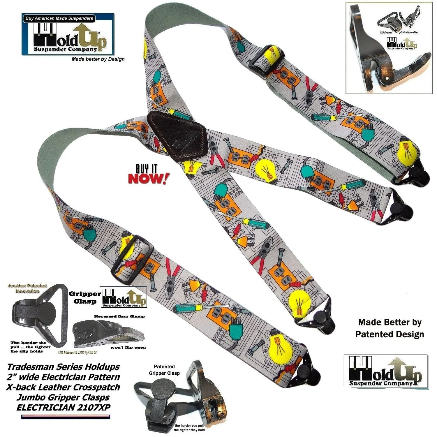 Holdup Brand Electrician Pattern Wide Work Suspenders in Tradesman Series with USA Patented Jumbo Gripper Clasps