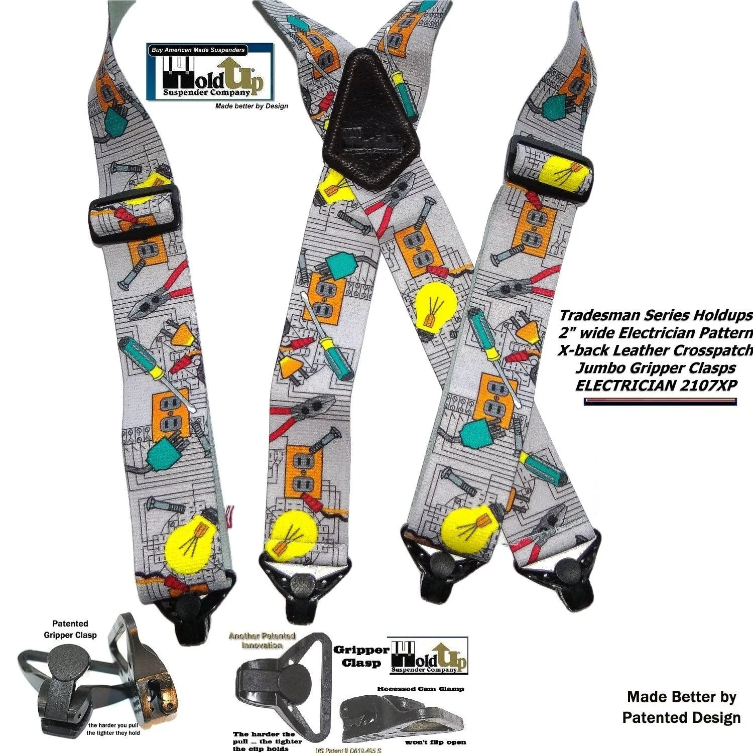 Holdup Brand Electrician Pattern Wide Work Suspenders in Tradesman Series with USA Patented Jumbo Gripper Clasps