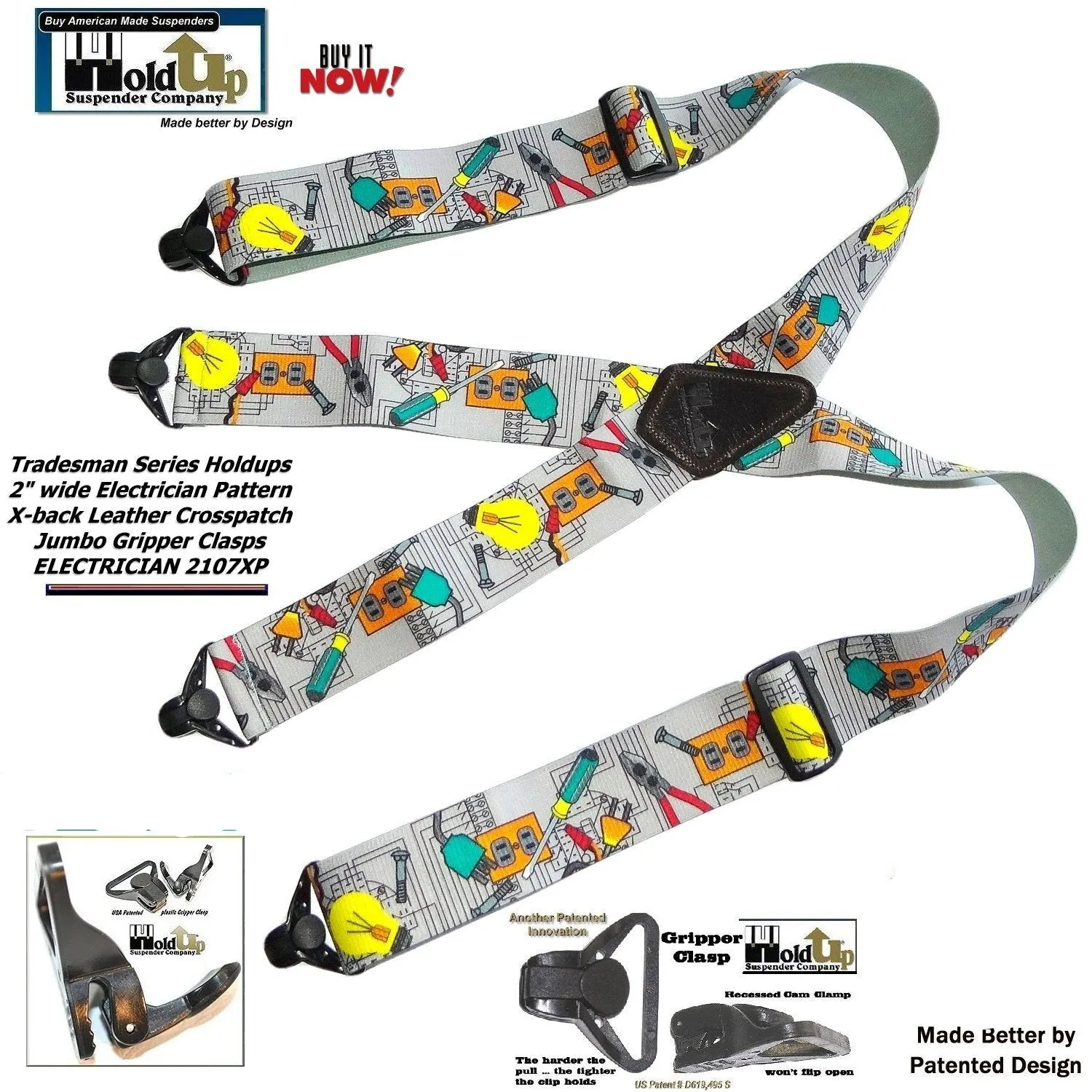 Holdup Brand Electrician Pattern Wide Work Suspenders in Tradesman Series with USA Patented Jumbo Gripper Clasps