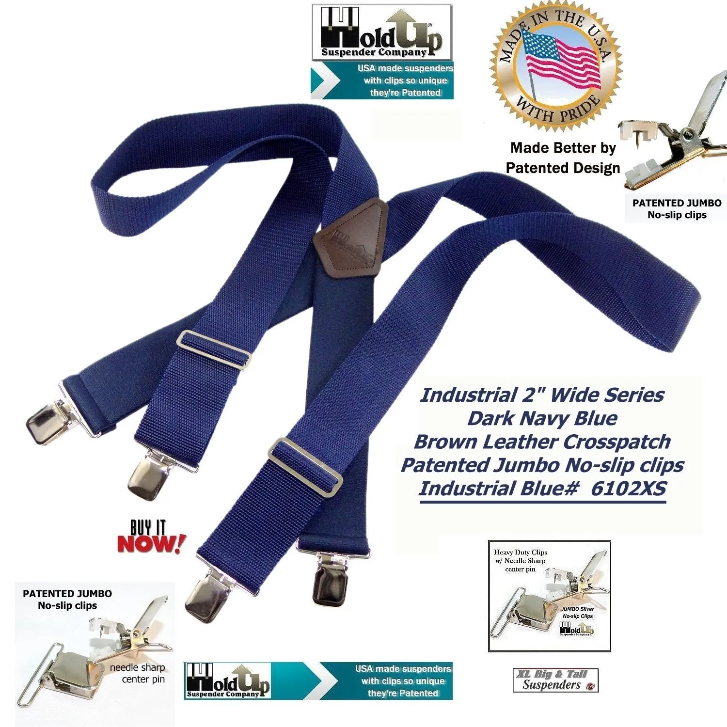 Holdup Suspender Company dark Blue Industrial heavy duty 2" Wide Non-elastic Suspenders with Patented No-slip Jumbo Silver Clips