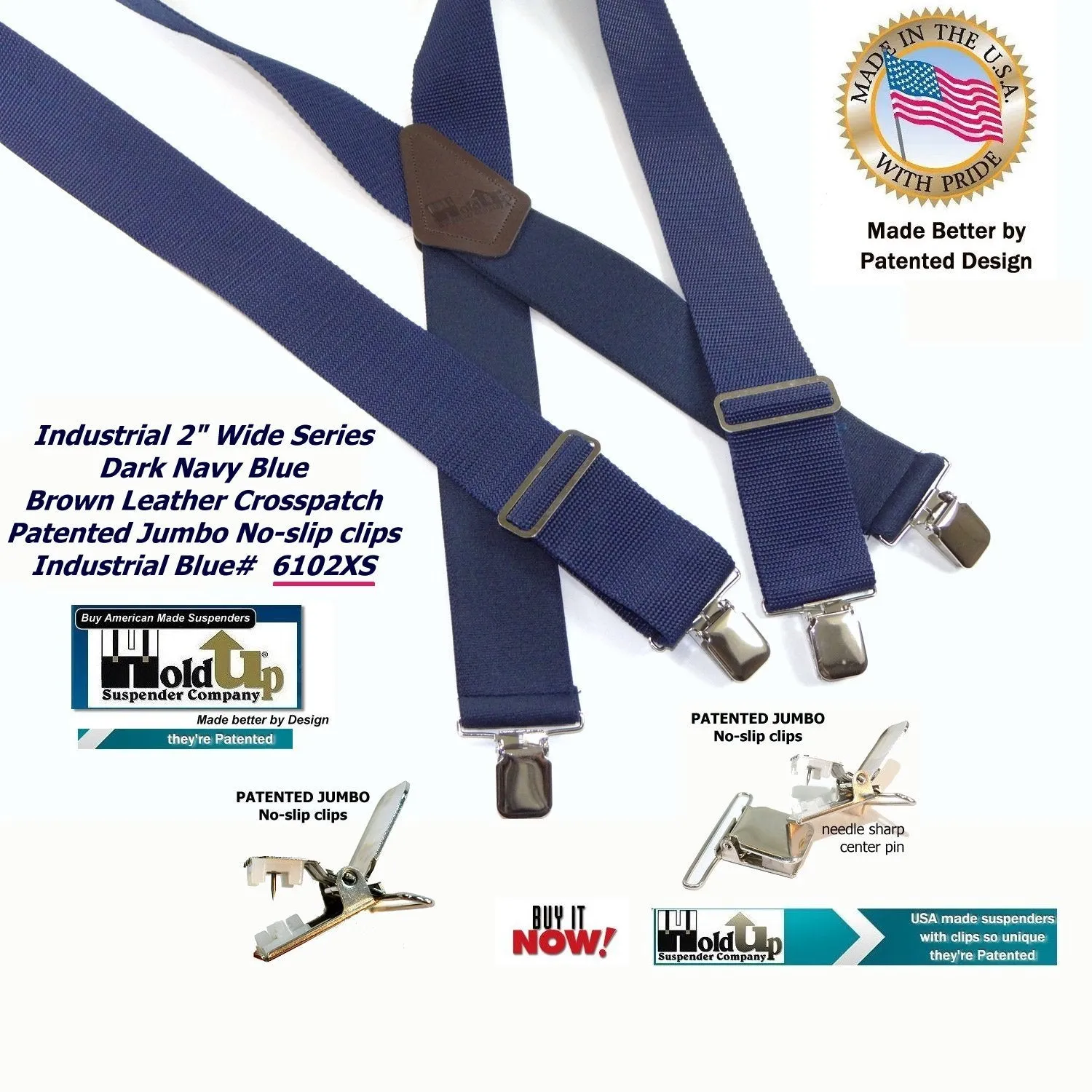 Holdup Suspender Company dark Blue Industrial heavy duty 2" Wide Non-elastic Suspenders with Patented No-slip Jumbo Silver Clips