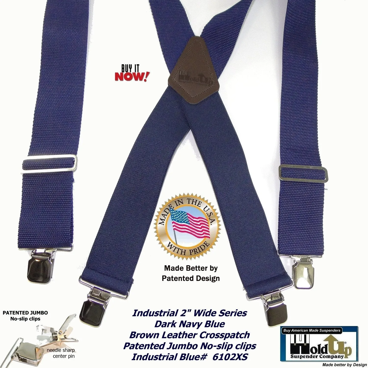 Holdup Suspender Company dark Blue Industrial heavy duty 2" Wide Non-elastic Suspenders with Patented No-slip Jumbo Silver Clips