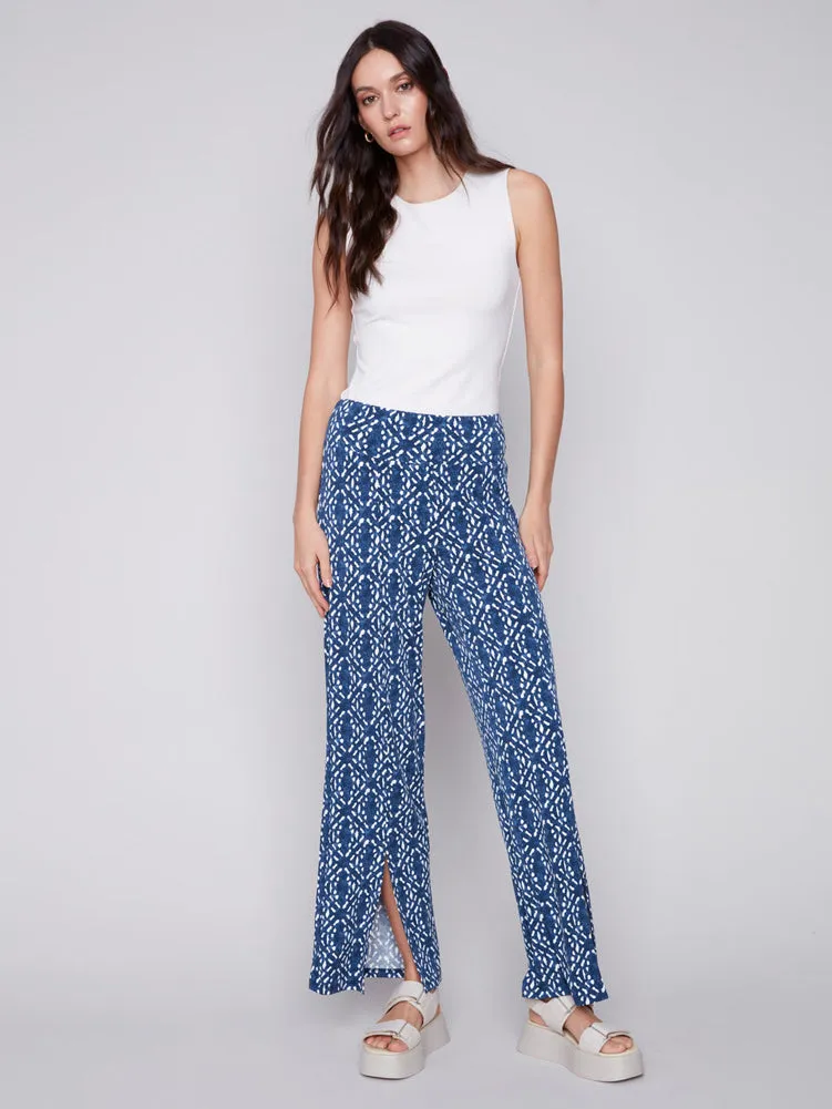 Indigo Wide Leg Pants W/ Slit at Front Hem