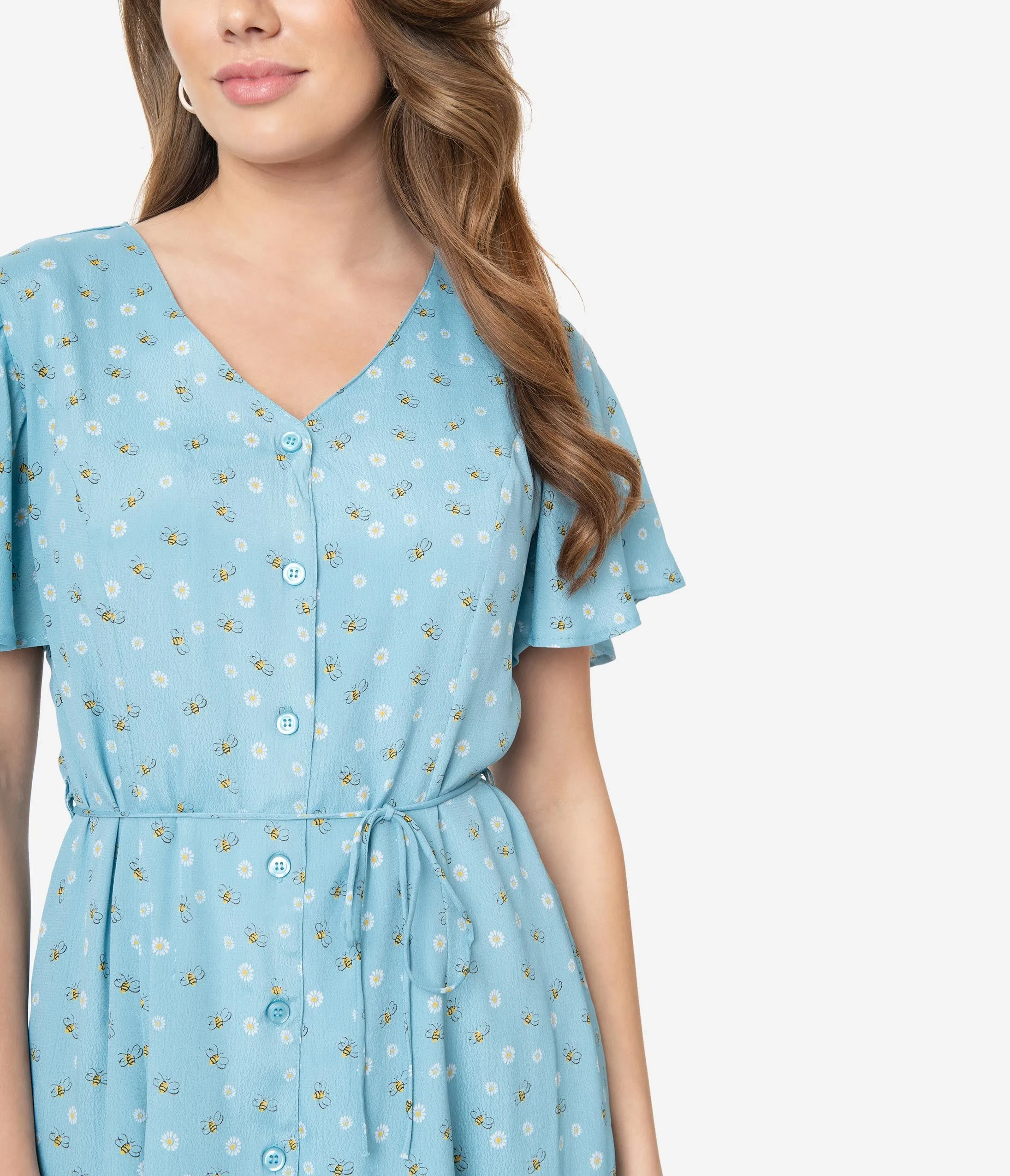 Light Blue Floral Bumble Bee Print Dixie Midi Dress