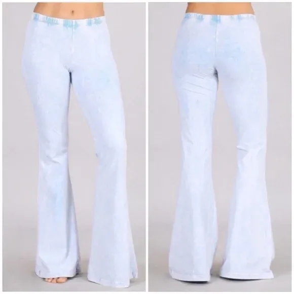 Light Powder Blue Boho Mineral Wash Flared Bell Bottom Stretch Pull On Pants Womens (Copy)