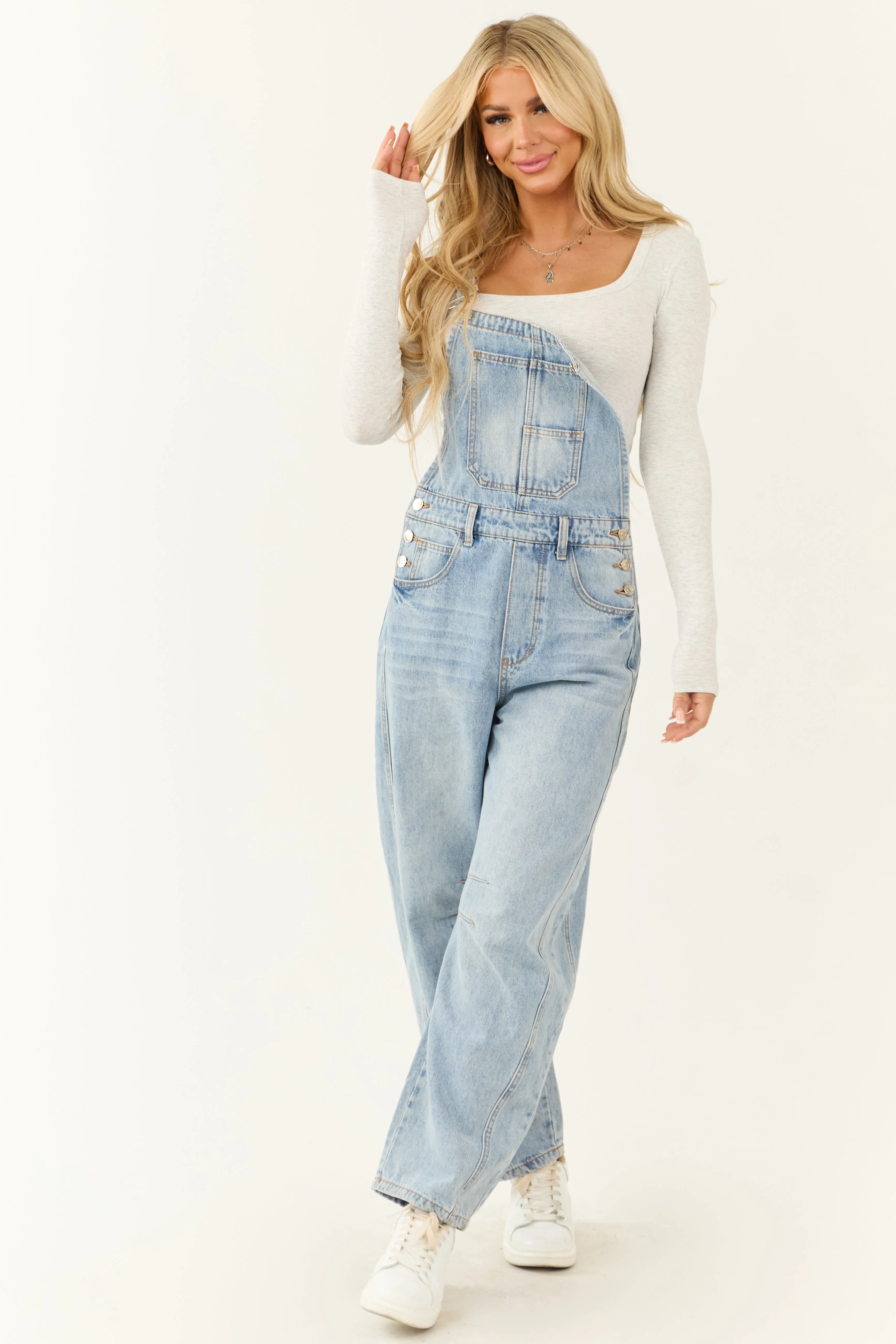 Light Wash Denim Barrel Overalls