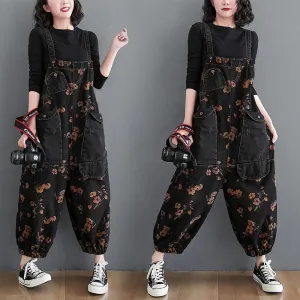 Loose Jeans Jumpsuit Women Casual Baggy Pants Floral Denim Overalls