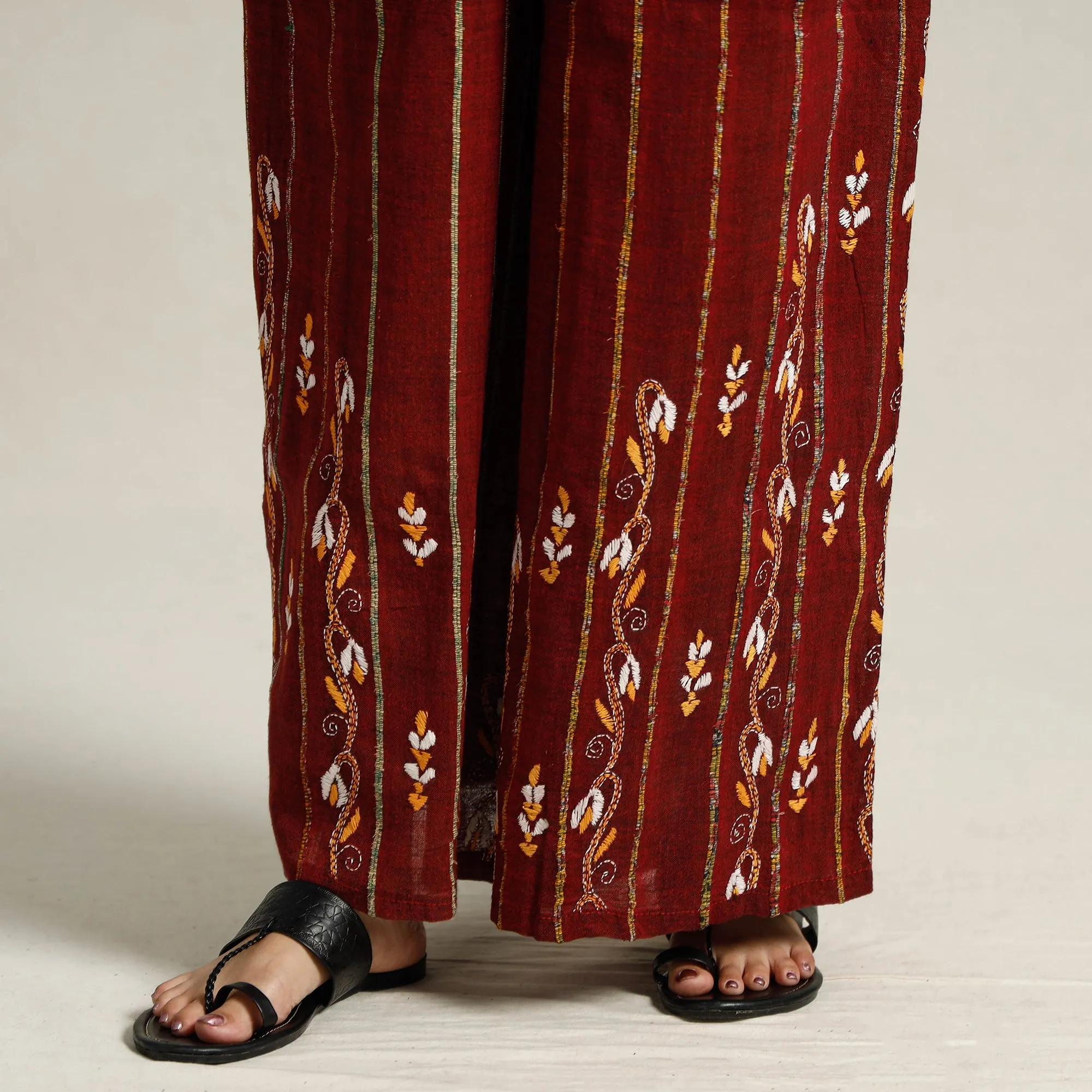 Maroon - Bengal Khesh Weaving Kantha Embroidery Cotton Palazzo 87