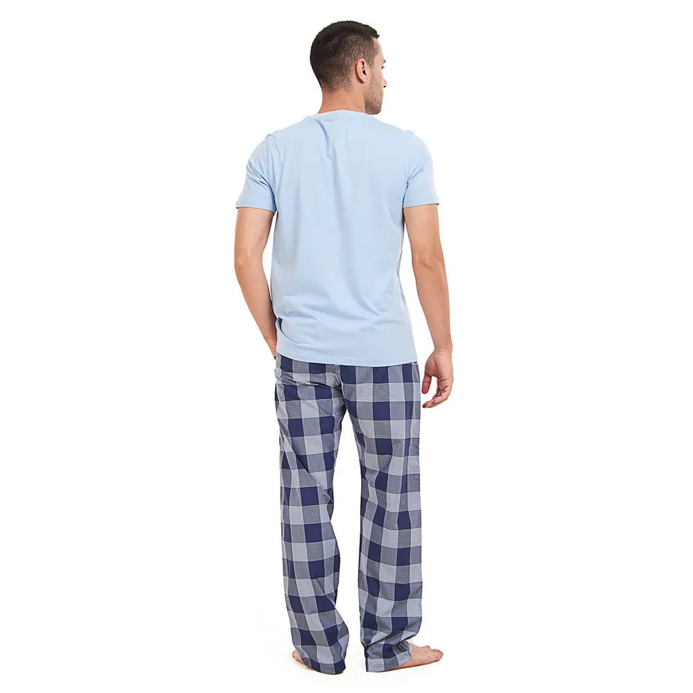 Men summer pajama set Light blue T-shirt   Light blue x Blue Checkered Pants