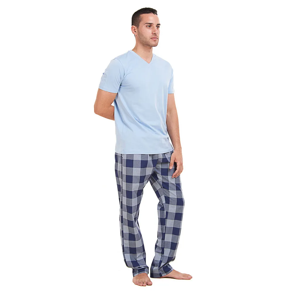 Men summer pajama set Light blue T-shirt   Light blue x Blue Checkered Pants