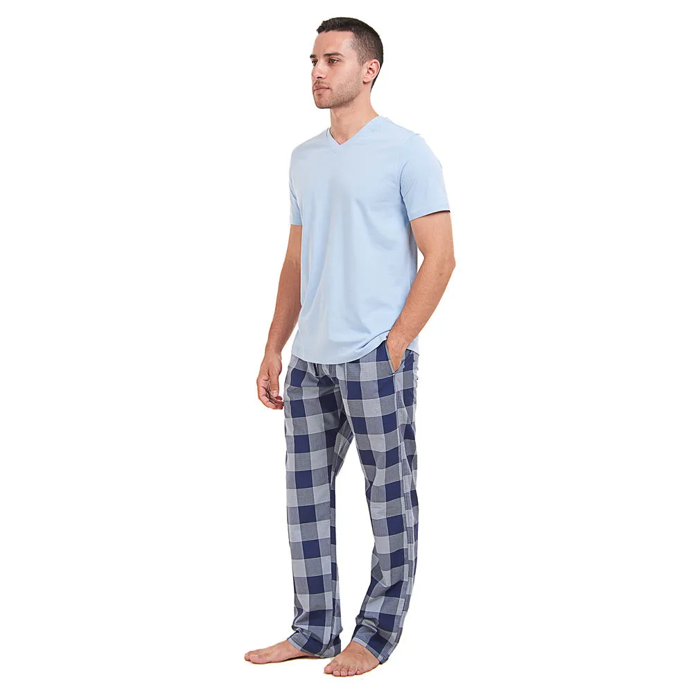 Men summer pajama set Light blue T-shirt   Light blue x Blue Checkered Pants