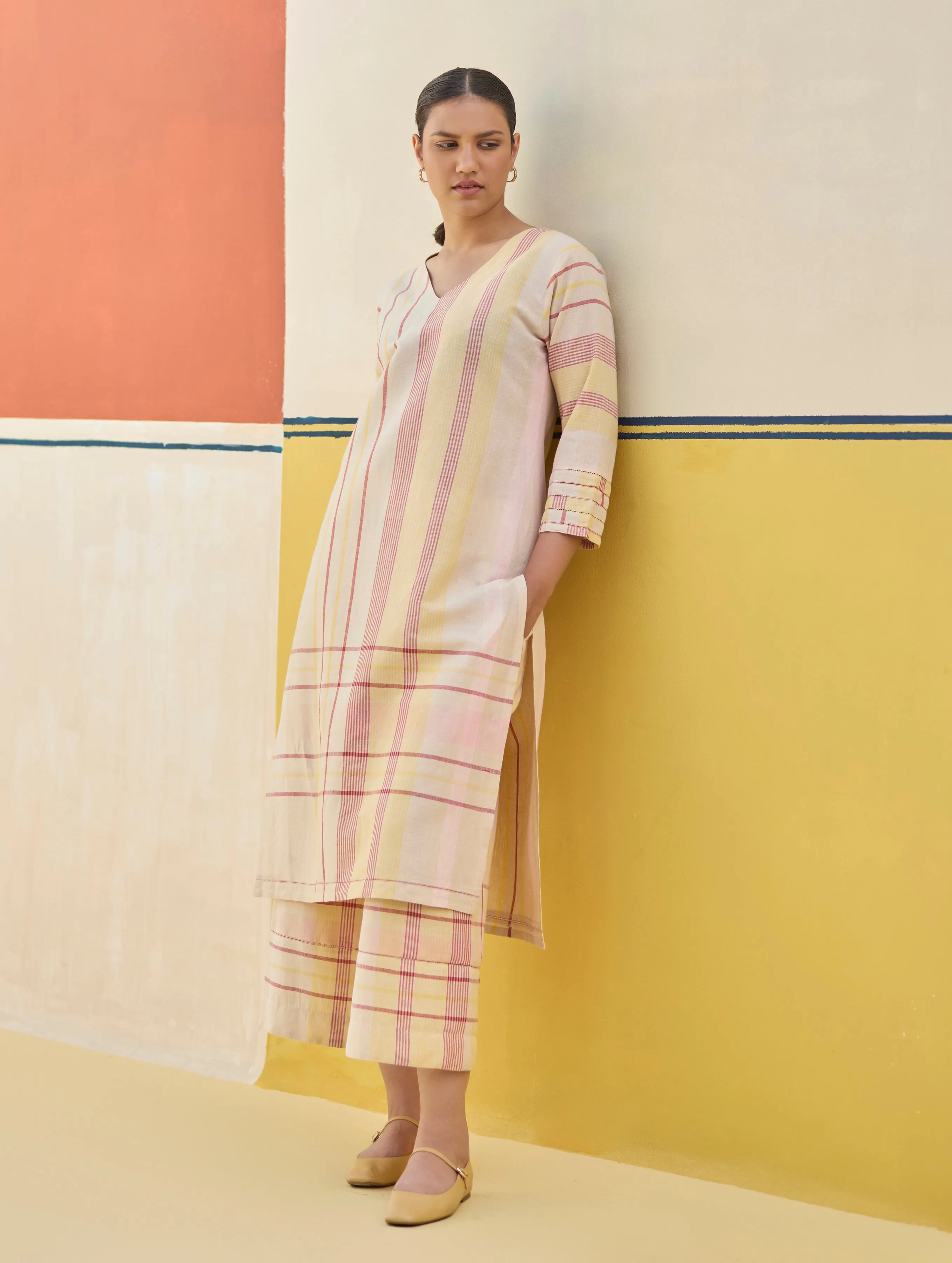 Misa Check Linen Kurta Set - Sand