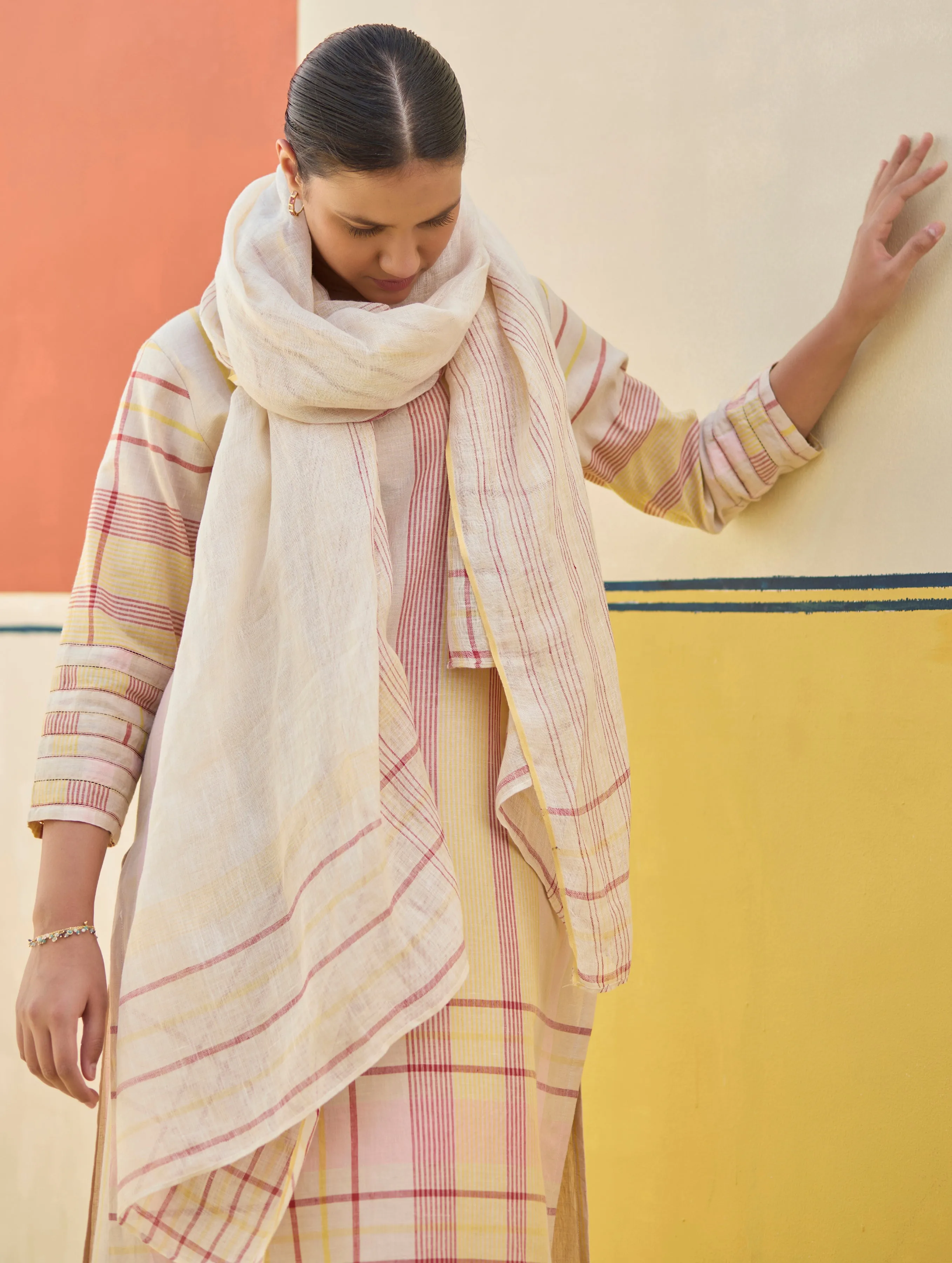 Misa Check Linen Kurta Set - Sand