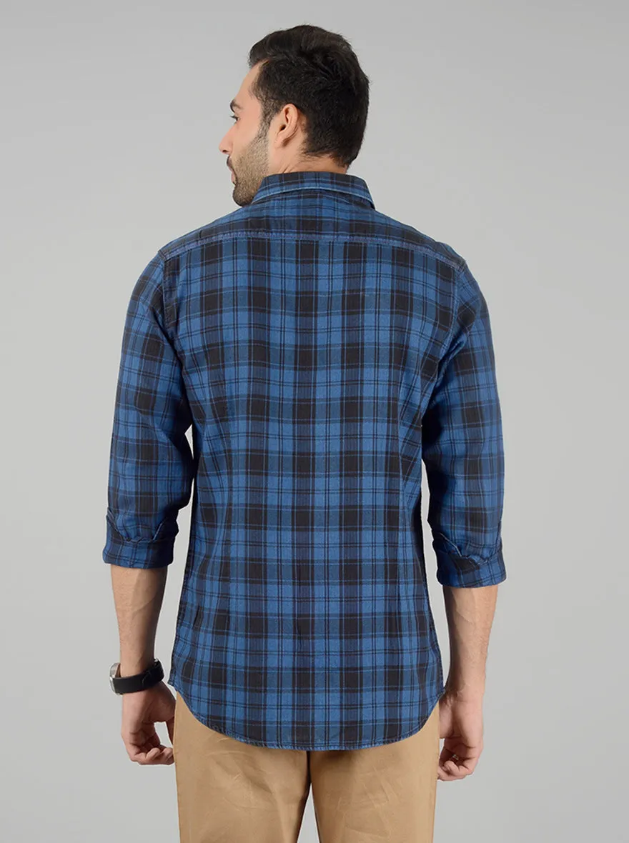 Navy Blue Checked Slim Fit Casual Shirt | JadeBlue