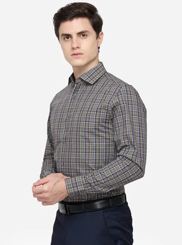 Olive & Blue Checked Slim Fit Formal Shirt | JadeBlue