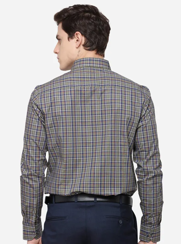 Olive & Blue Checked Slim Fit Formal Shirt | JadeBlue