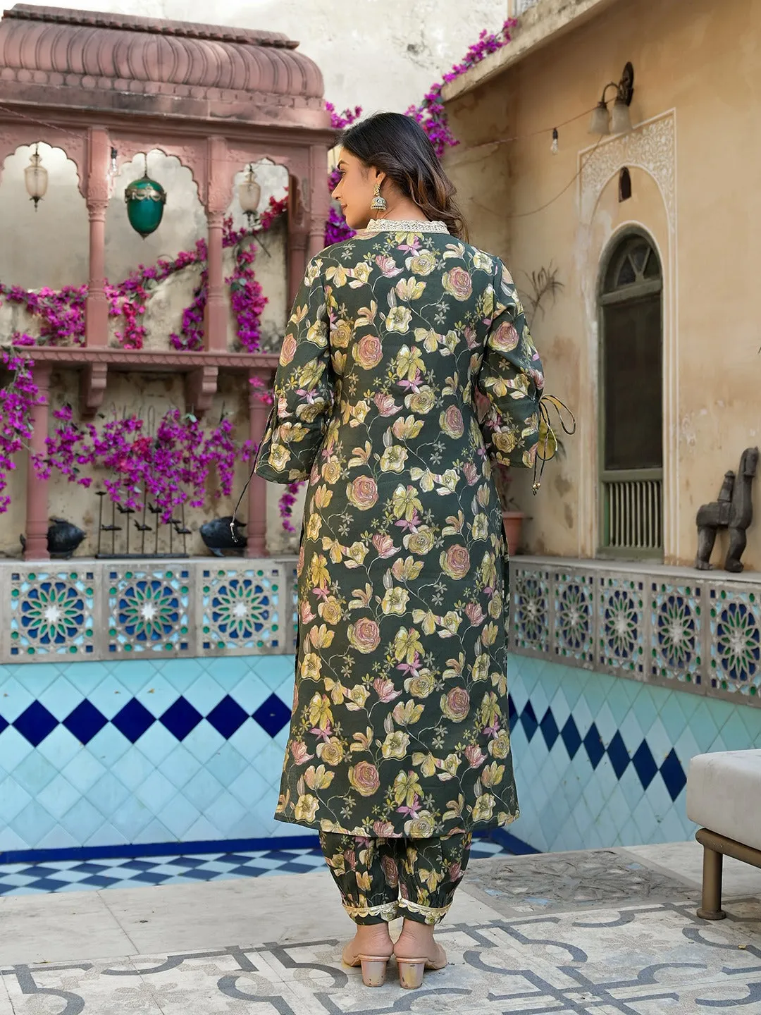 Olive Green Floral Print Straight Kurta Trouser Set