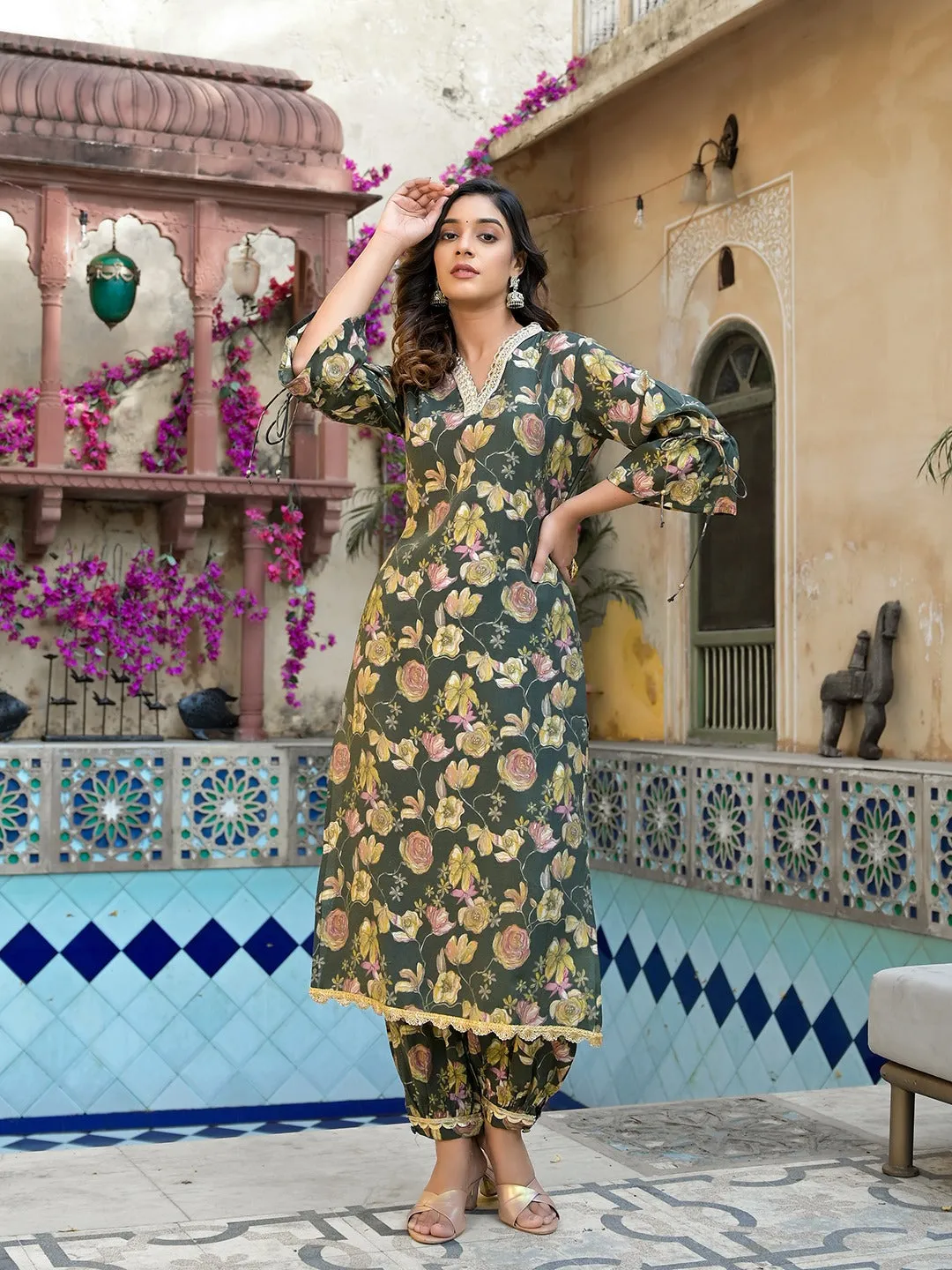 Olive Green Floral Print Straight Kurta Trouser Set