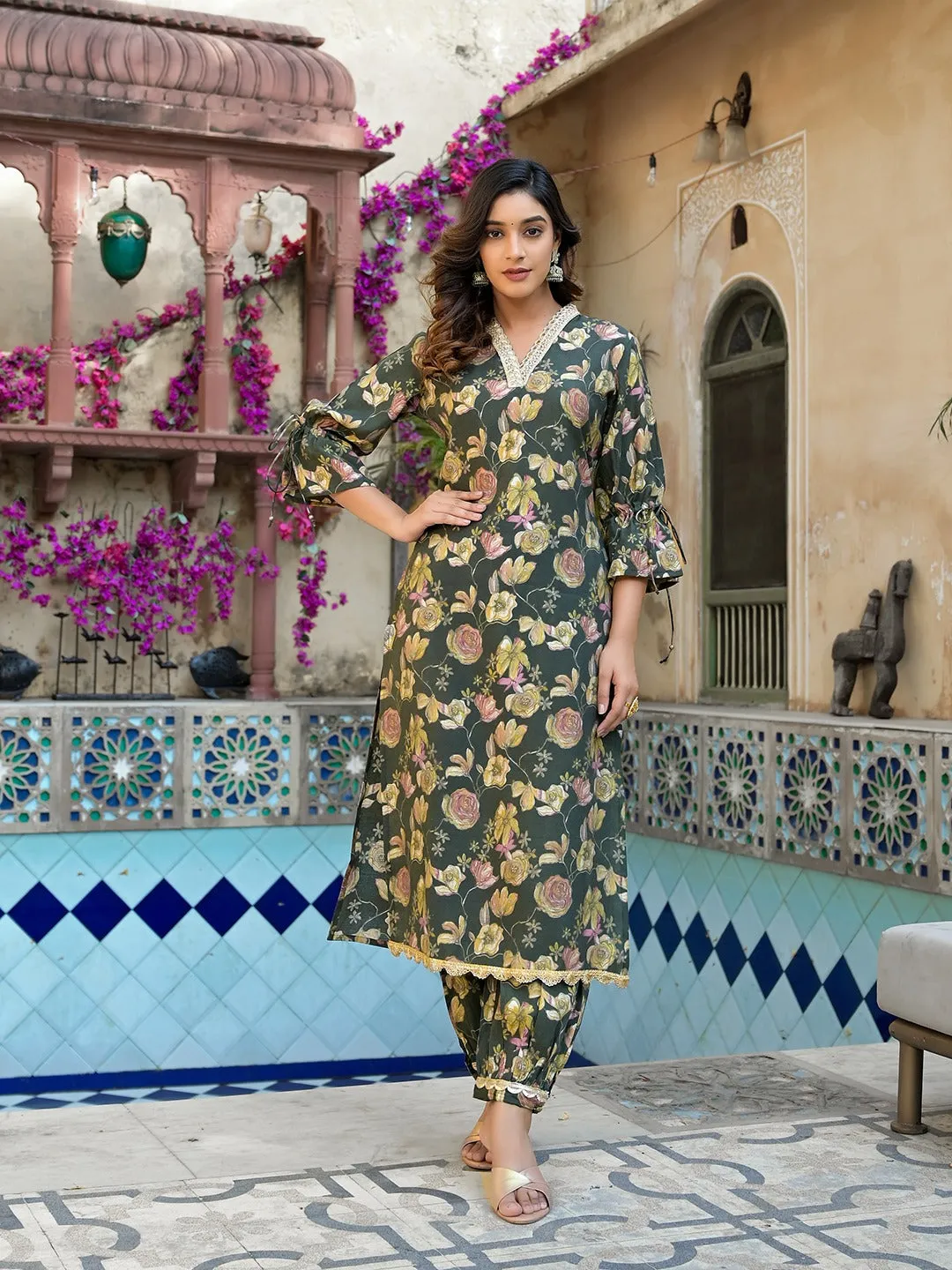 Olive Green Floral Print Straight Kurta Trouser Set